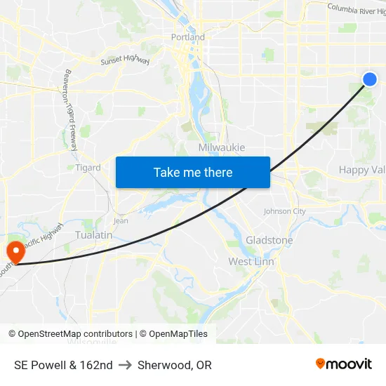 SE Powell & 162nd to Sherwood, OR map