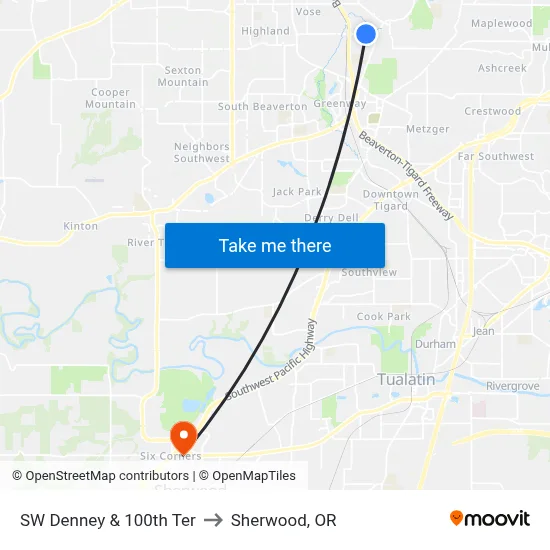SW Denney & 100th Ter to Sherwood, OR map