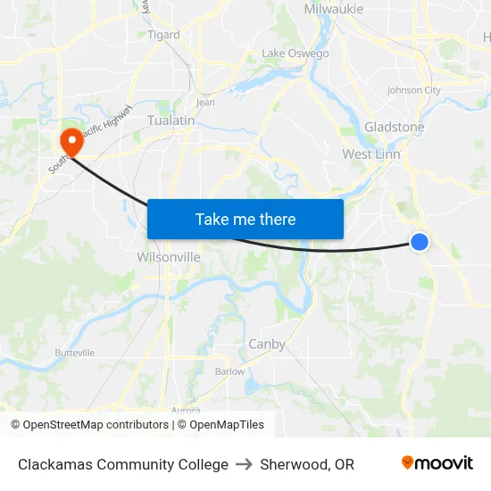 Clackamas Community College to Sherwood, OR map