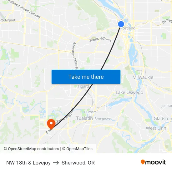 NW 18th & Lovejoy to Sherwood, OR map