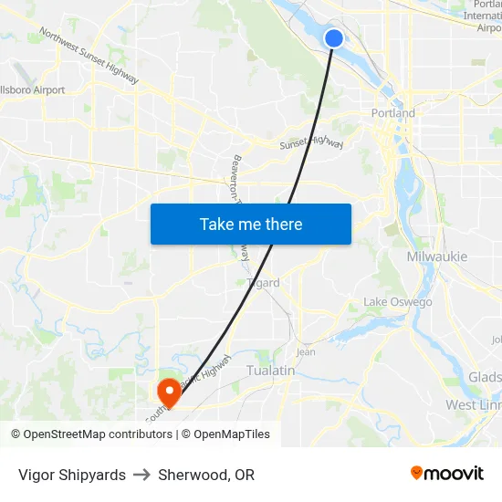 Vigor Shipyards to Sherwood, OR map