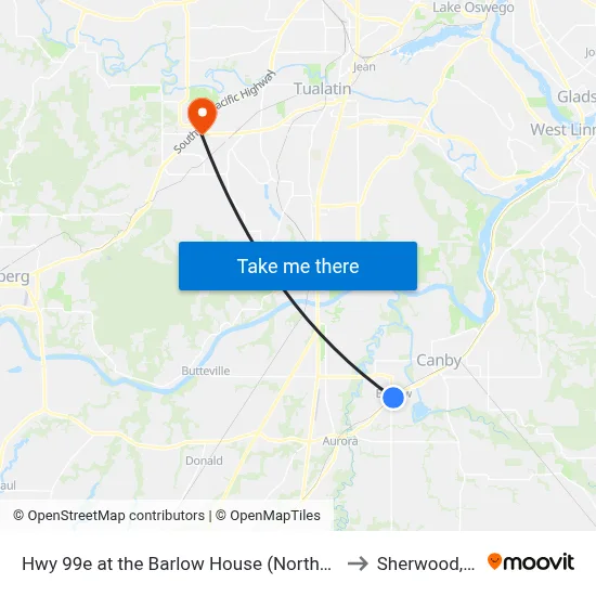 Hwy 99e at the Barlow House (Northbound) to Sherwood, OR map