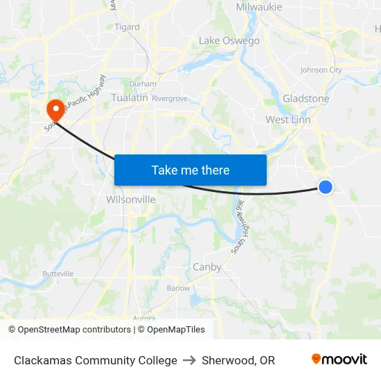 Clackamas Community College to Sherwood, OR map