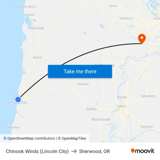 Chinook Winds (Lincoln City) to Sherwood, OR map