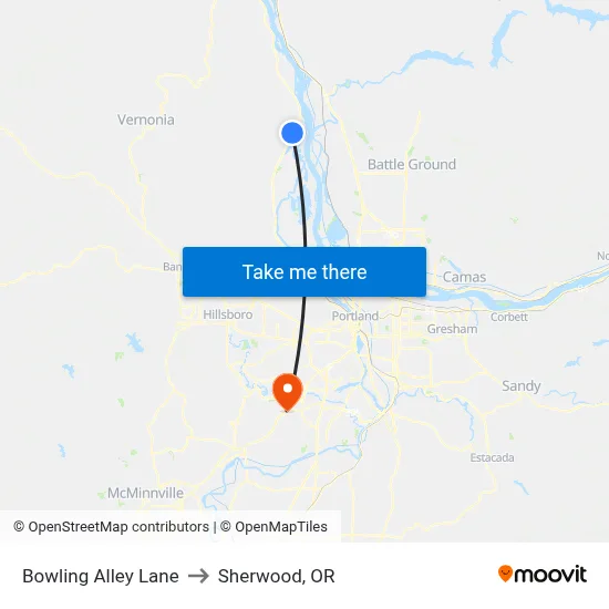 Bowling Alley Lane to Sherwood, OR map