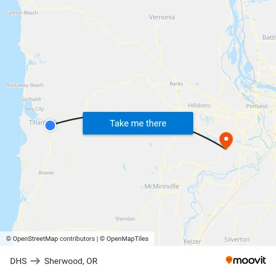 DHS to Sherwood, OR map