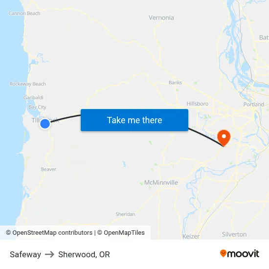Safeway to Sherwood, OR map