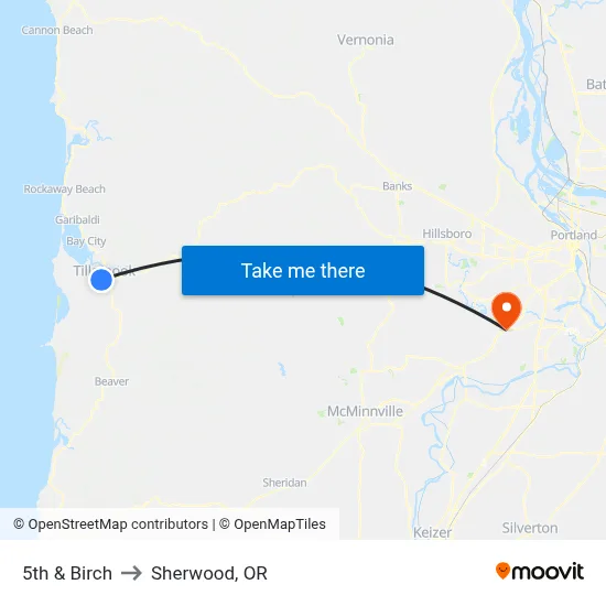5th & Birch to Sherwood, OR map