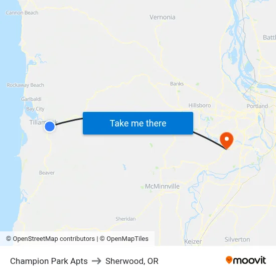 Champion Park Apts to Sherwood, OR map