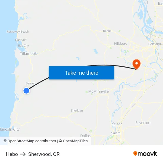 Hebo to Sherwood, OR map