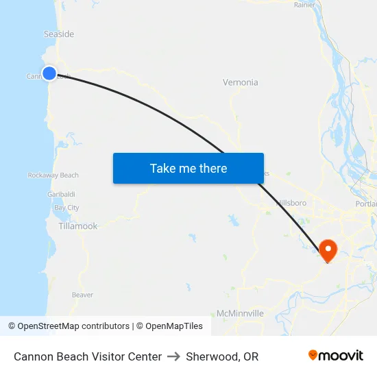 Cannon Beach Visitor Center to Sherwood, OR map