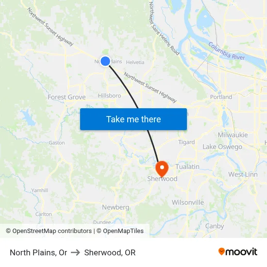 North Plains, Or to Sherwood, OR map