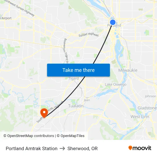 Portland Amtrak Station to Sherwood, OR map