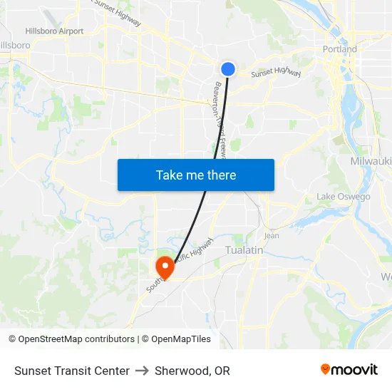 Sunset Transit Center to Sherwood, OR map