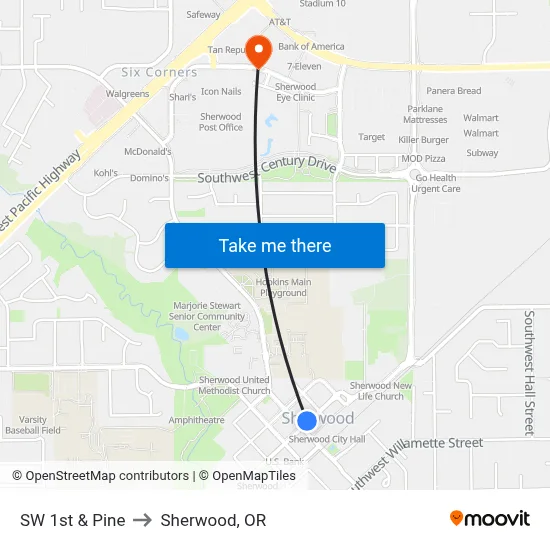 SW 1st & Pine to Sherwood, OR map