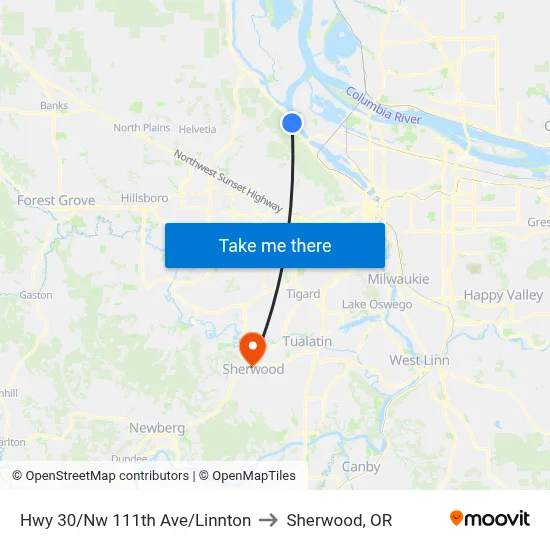 Hwy 30/Nw 111th Ave/Linnton to Sherwood, OR map