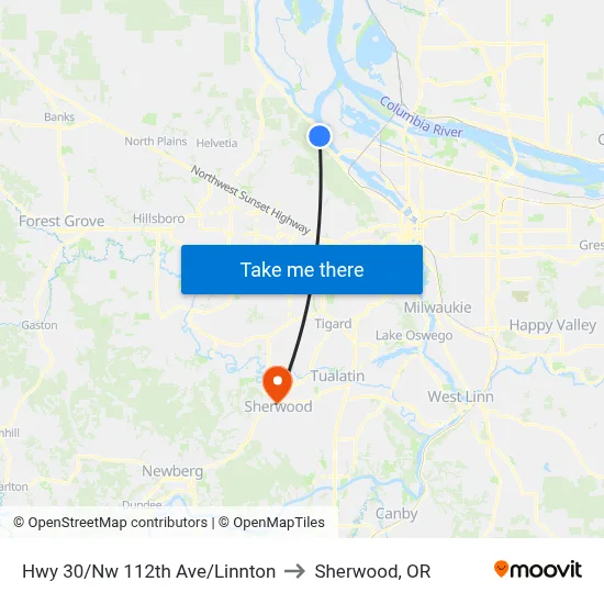 Hwy 30/Nw 112th Ave/Linnton to Sherwood, OR map