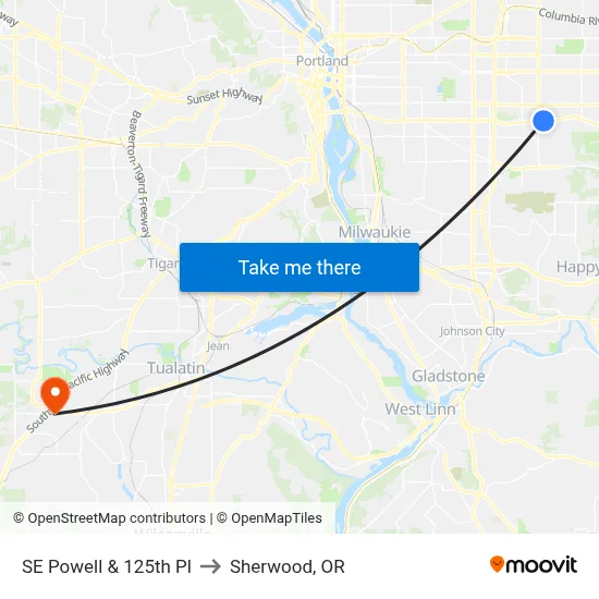 SE Powell & 125th Pl to Sherwood, OR map
