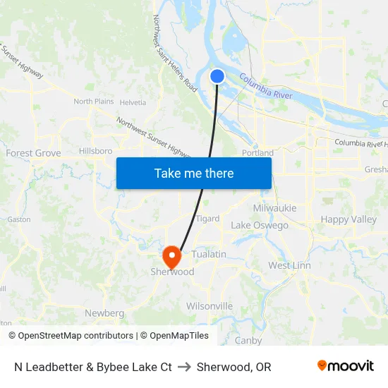 N Leadbetter & Bybee Lake Ct to Sherwood, OR map