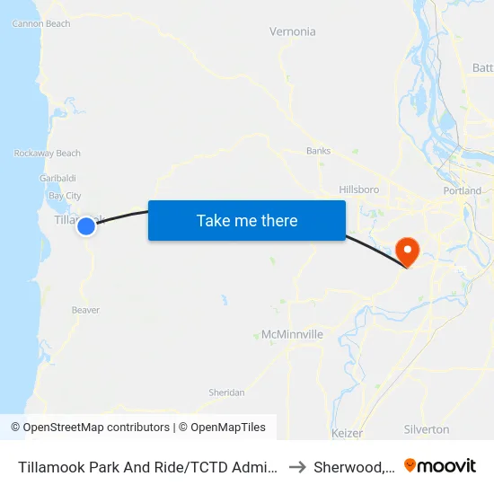Tillamook Park And Ride/TCTD Admin Office to Sherwood, OR map