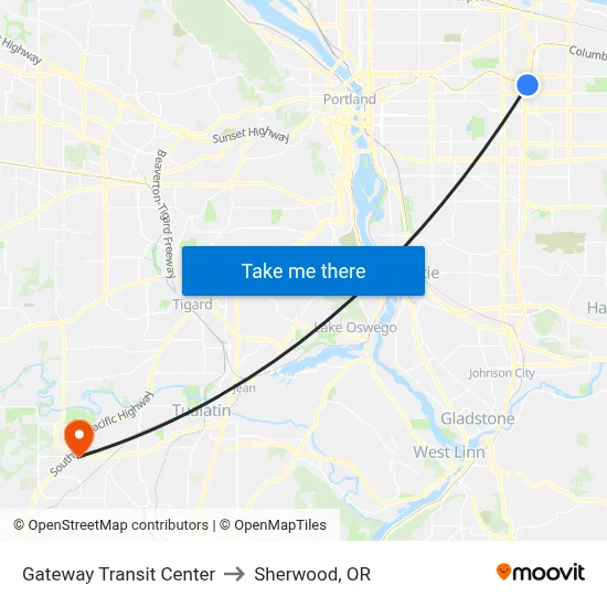 Gateway Transit Center to Sherwood, OR map