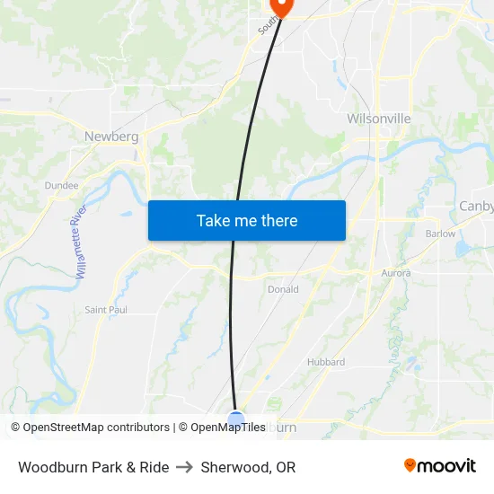 Woodburn Park & Ride to Sherwood, OR map