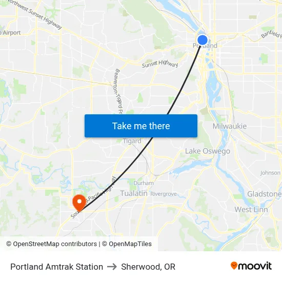 Portland Amtrak Station to Sherwood, OR map