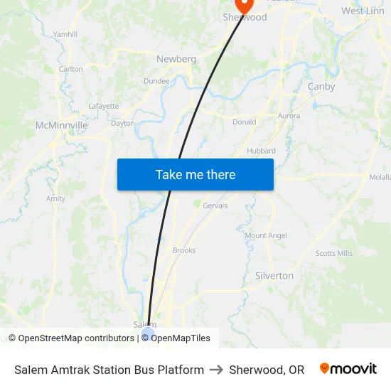 Salem Amtrak Station Bus Platform to Sherwood, OR map