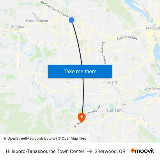 Hillsboro-Tanasbourne Town Center to Sherwood, OR map