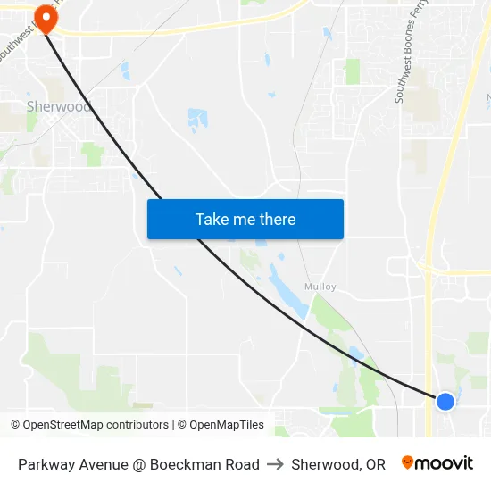Parkway Avenue @ Boeckman Road to Sherwood, OR map