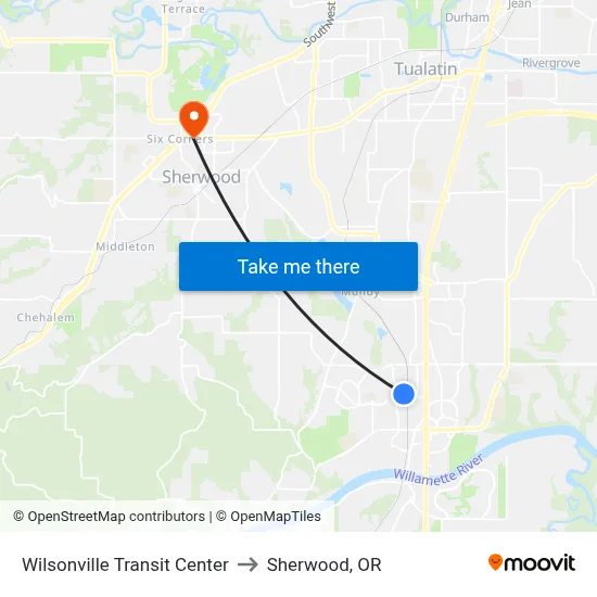 Wilsonville Transit Center to Sherwood, OR map