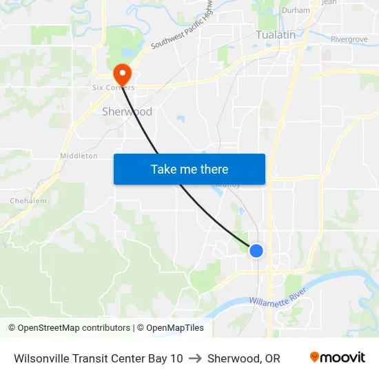 Wilsonville Transit Center Bay 10 to Sherwood, OR map