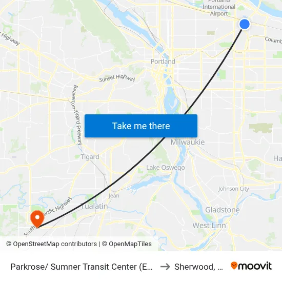 Parkrose/ Sumner Transit Center (East) to Sherwood, OR map