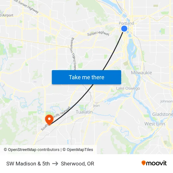 SW Madison & 5th to Sherwood, OR map