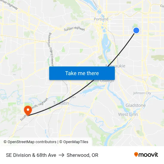 SE Division & 68th Ave to Sherwood, OR map