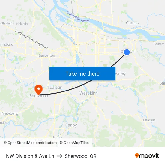 NW Division & Ava Ln to Sherwood, OR map
