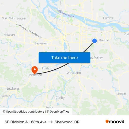 SE Division & 168th Ave to Sherwood, OR map