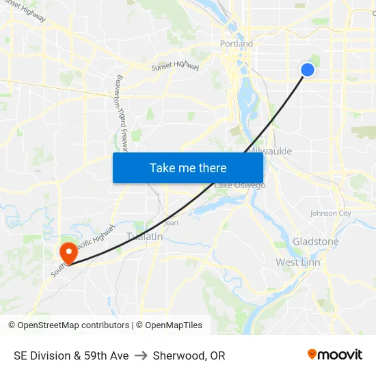 SE Division & 59th Ave to Sherwood, OR map