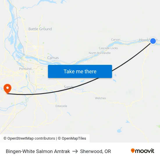 Bingen-White Salmon Amtrak to Sherwood, OR map