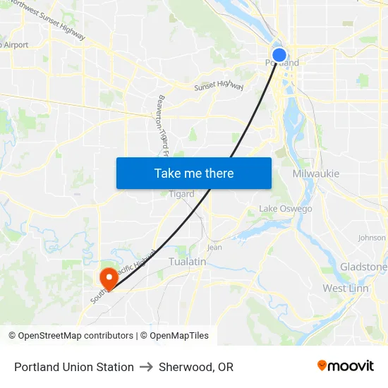 Portland Union Station to Sherwood, OR map