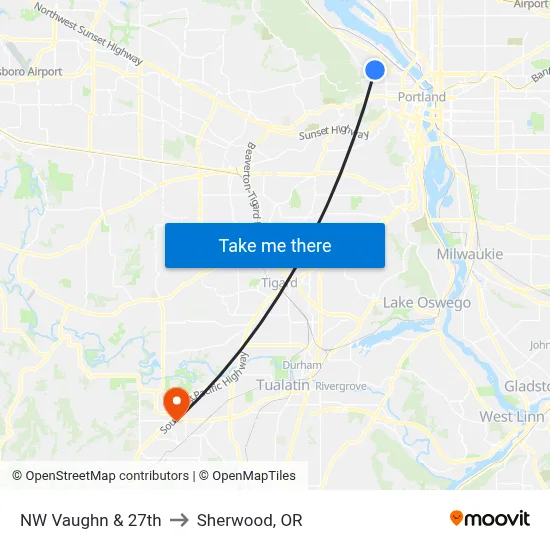 NW Vaughn & 27th to Sherwood, OR map