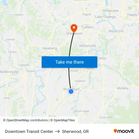 Downtown Transit Center to Sherwood, OR map