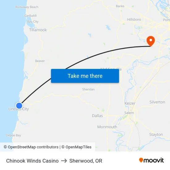 Chinook Winds Casino to Sherwood, OR map