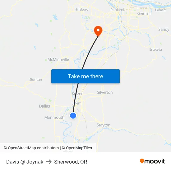 Davis @ Joynak to Sherwood, OR map