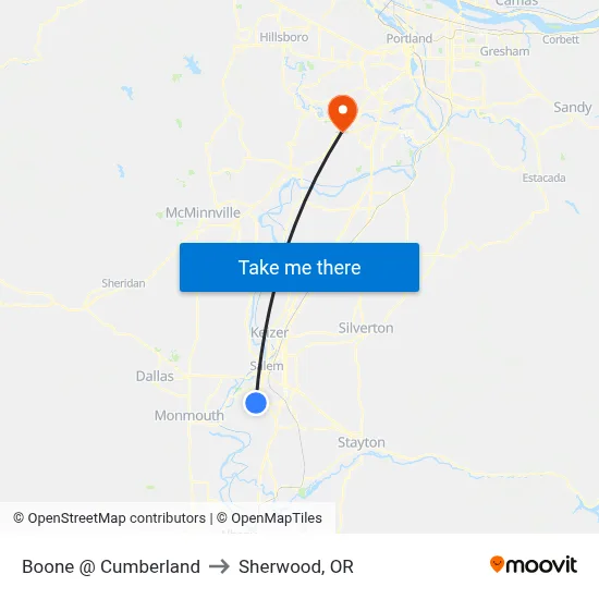 Boone @ Cumberland to Sherwood, OR map