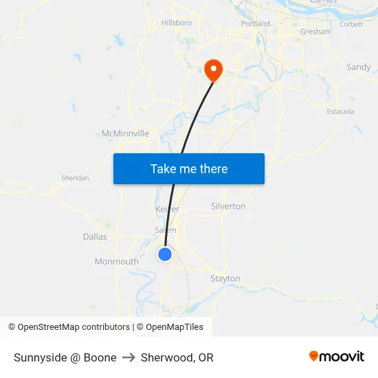 Sunnyside @ Boone to Sherwood, OR map