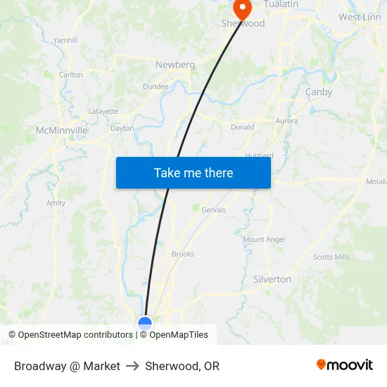 Broadway @ Market to Sherwood, OR map