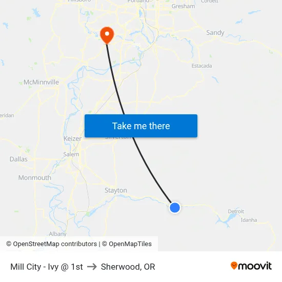 Mill City - Ivy @ 1st to Sherwood, OR map