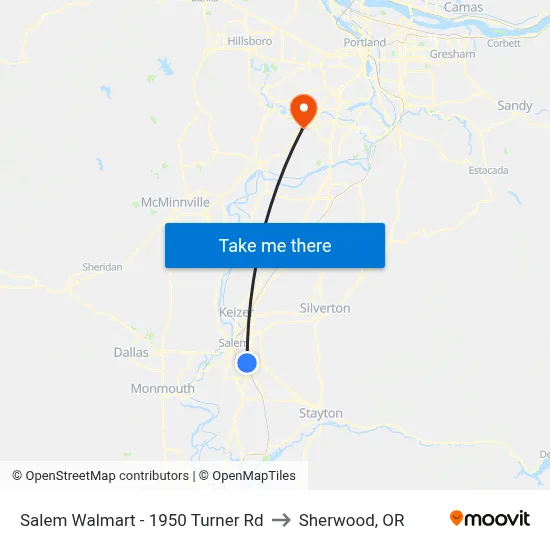 Salem Walmart - 1950 Turner Rd to Sherwood, OR map