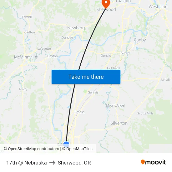 17th @ Nebraska to Sherwood, OR map
